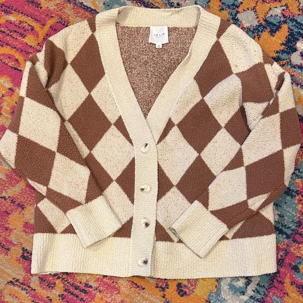 Le Lis Brown and Cream Argyle Cardigan - Picture 8 of 12